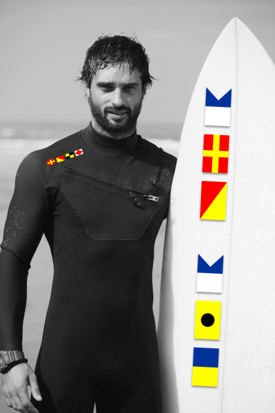 Stickers on surfboard and wetsuit